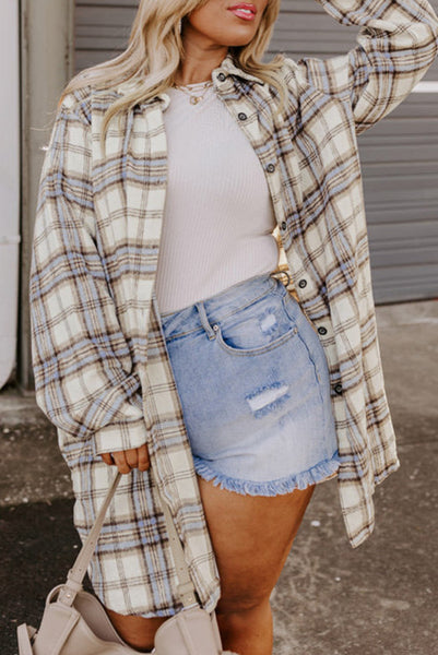 Curvy Cream and Blue Plaid Longer Length Shacket