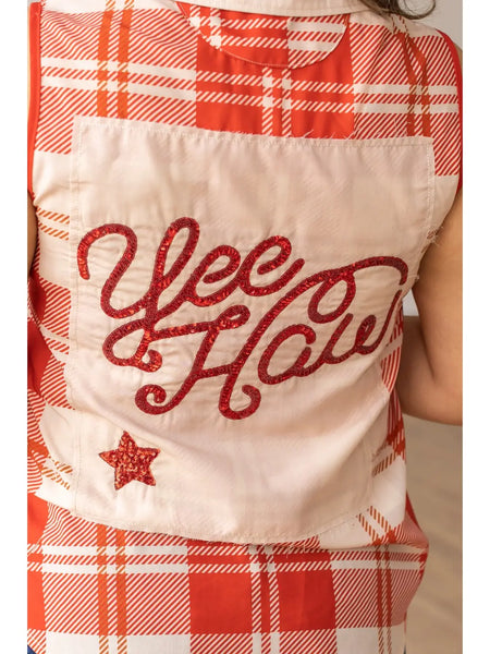 Red Plaid Sleeveless Collared Button Up Top with Sequin Embellishments - Can I Get a ‘Yee Haw’