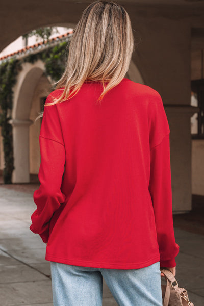 Red Notch V-Neck Layered Patchwork Christmas Tree Sweatshirt Pullover