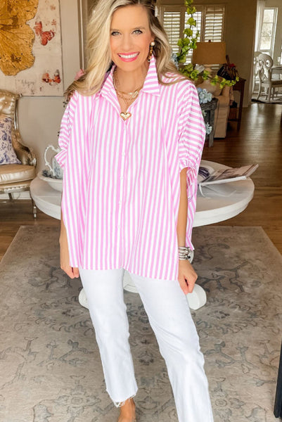 Pink Striped Collared Oversized Button Up Top