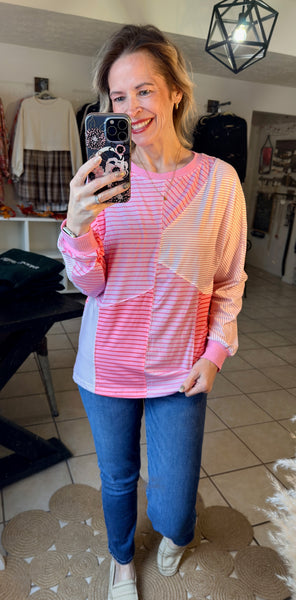 Pink Striped Colorblocked Long Sleeve Top with Exposed Seams