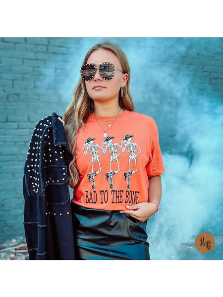 Bad to the Bone Cowboy Skeletons Tee - Orange Halloween T-shirt