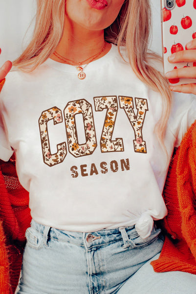 White Short Sleeve Cozy Season with Floral Lettering Tee