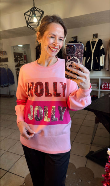 Pink Sequined HOLLY JOLLY Colorblocked Sweater