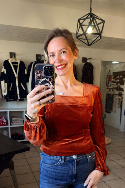 Ginger Ribbed Velvet Long Sleeve Square Neckline Top