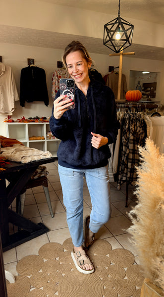 Navy Blue Furry Soft Hooded Pullover with Side Pockets