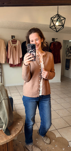 Deep Taupe Contrast Lace Trim Button Front Sweater Knit Cardigan