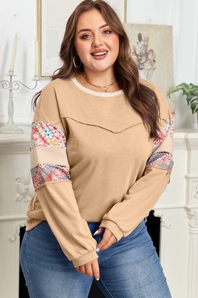 Curvy Khaki Long Sleeve Top with Patchwork Sleeves