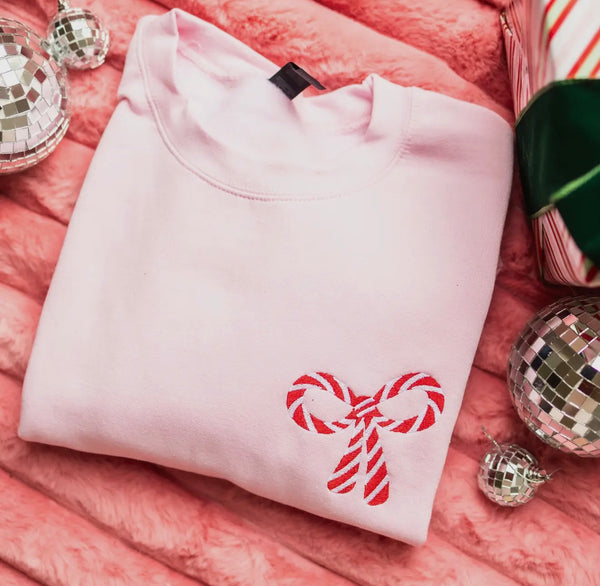 Pink Sweatshirt with Embroidered Candy Cane Striped Bow Pocket Design