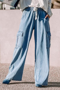 Cargo High Waist Lightweight Jeans with Slant Pockets and Functional Drawstring