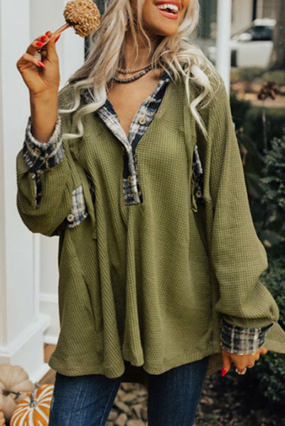 Olive Green Waffle Knit with Plaid Detailing Hooded Pullover with Pockets