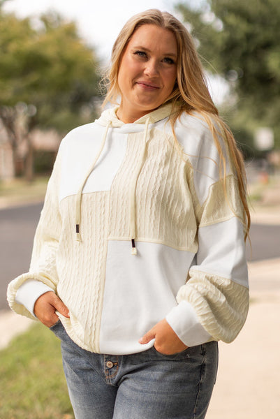 Curvy Ivory and Cream Patchwork Mixed Textures Hoodie