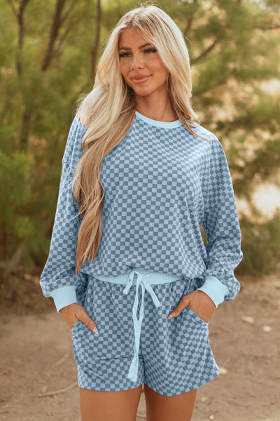 Blue Checkered Long Sleeve Top and Shorts Set