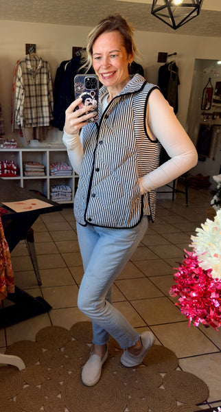 Quilted Black and White Striped Snap Up Vest