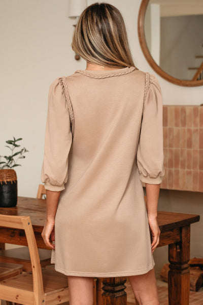 Light French Beige Braided Trim 3/4 Length Sleeve Dress