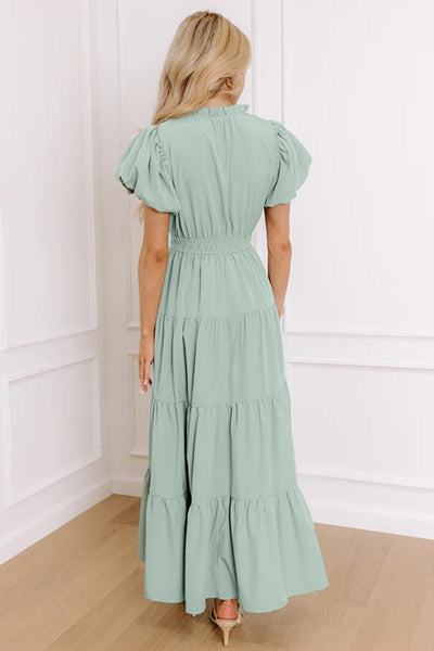 Sage Green V-Neck Puff Short Sleeve Maxi Dress with Pockets