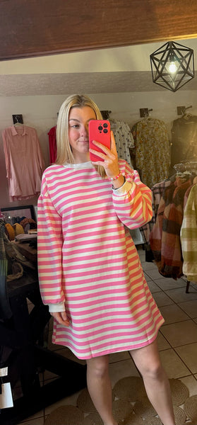 Pink and White Striped Puff Sleeve Dress with Pockets - Valentine Day