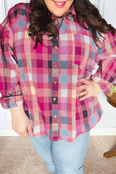 Curvy Pink Checkered Button Up Flannel