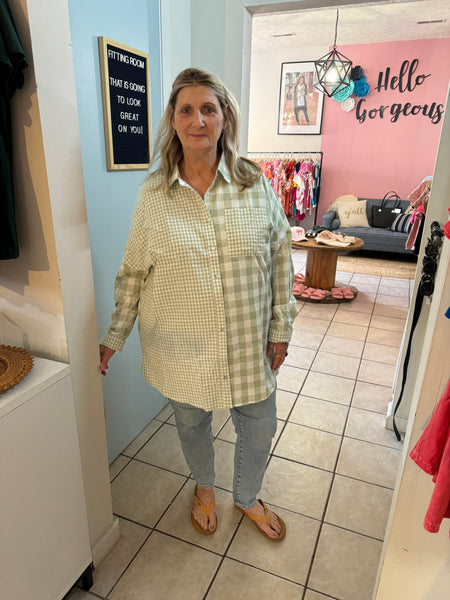 Light Blue Mixed Checkered Oversized Button Up Top