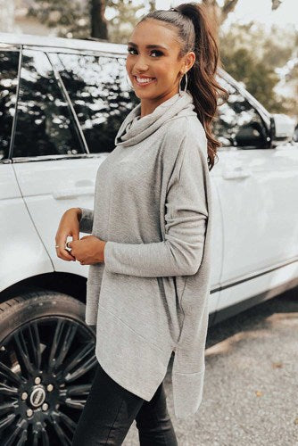 Gray Cowl Neck Loose Fit Tunic Long Sleeve Top