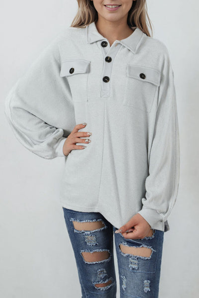 Light Gray Oversized Collared Henley Pullover with Flap Pockets