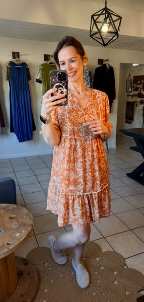 Peach Floral Contrast Trim Swing Dress with Button Tie V-Neckline