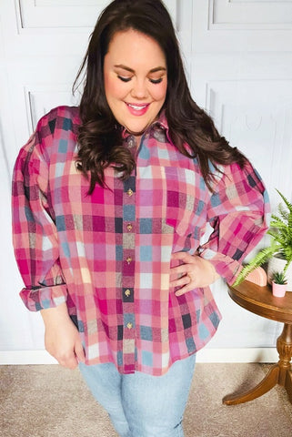 Curvy Pink Checkered Button Up Flannel