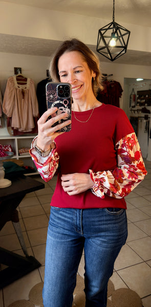 Red Dahlia Ribbed Long Sleeve Top with Floral Contrasting Sleeves