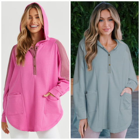 Oversized Mixed Material Henley Style Hooded Pullover with Scoop Hemline - Multiple Color Options