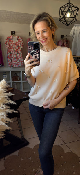 Oatmeal Short Sleeve Lightweight Sweater with Pearl and Bow Embellishments