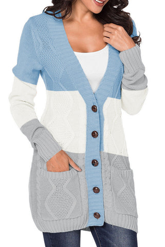 Blue Colorblock Longer Length Button Up Cardigan