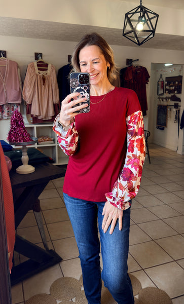 Red Dahlia Ribbed Long Sleeve Top with Floral Contrasting Sleeves