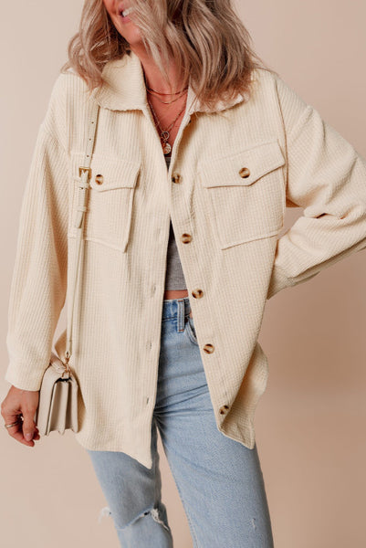 Oatmeal Corduroy Flap Pocket Button Up Longer Length Shacket - Super Soft - Curvy and Regular Sizes