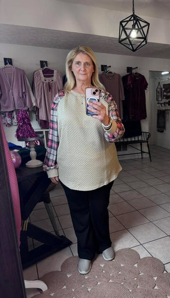 Curvy Khaki Quilted Top with Contrasting Plaid Sleeves