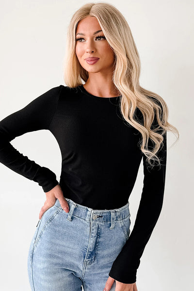 Black Ribbed Fitted Long Sleeve Bodysuit