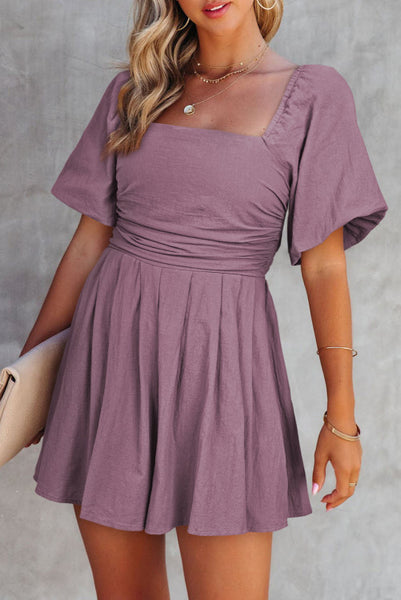 Dusty Lilac Flowy Square Neckline Romper with Ruched Bodice and Puff Sleeves