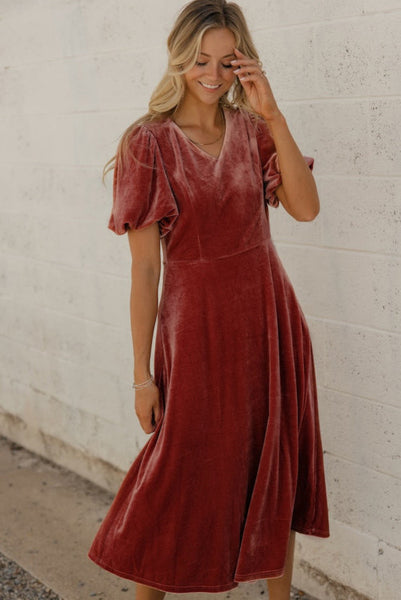 Deep Mauve Velvet Puff Sleeve V-neck Midi Dress