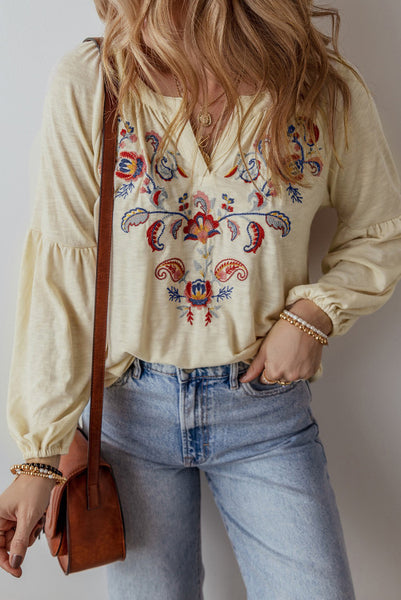 Paisley Floral Embroidered Boho Long Sleeve Top with Notch V-Neck