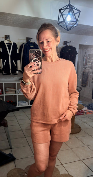 Mauve Ribbed Long Sleeve Top and Shorts Lounge Set