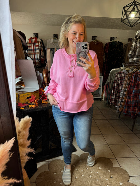 Loose Fitting Pink Henley Pullover