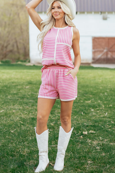 Pink and Cream Striped Patchwork Sleeveless Top and Shorts Set