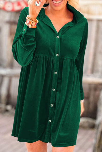 Green Long Sleeve Button Up Velvet Babydoll Dress