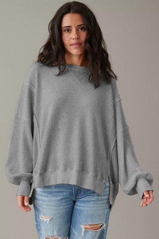 Gray Waffle Knit Exposed Seam Pullover with Side Slits - Loose Fitting