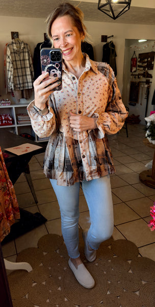 Oatmeal Boho Floral and Plaid Patchwork Distressed Detail Ruffled Sleeve Waffle Knit Shacket