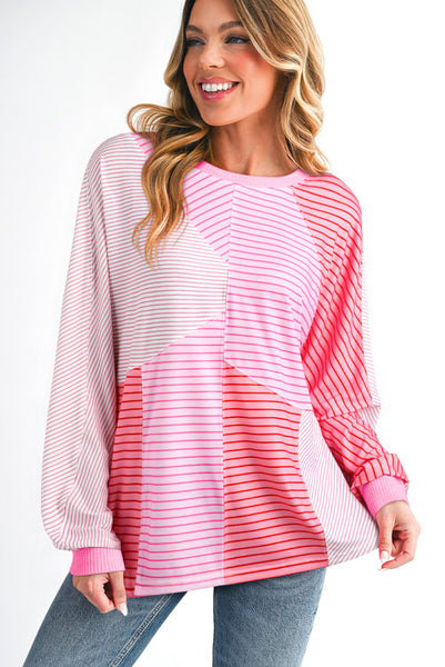 Pink Striped Colorblocked Long Sleeve Top with Exposed Seams