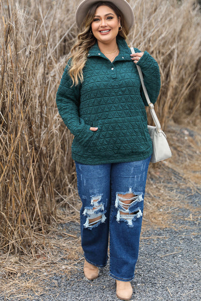 Curvy Dark Green Quilted Pullover with Pockets and Button Up Neckline