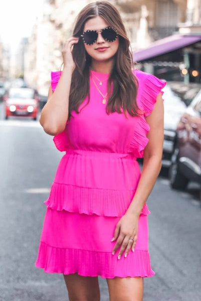 Bright Rose Pink Dress with Pleated Layers