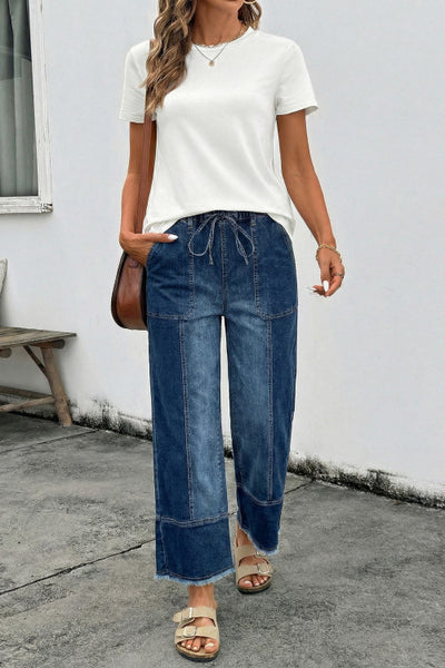 Dark Wash Drawstring Waist Raw Hem Wide Leg Denim Ankle Length Jeans