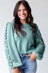 Jade Corded Long Sleeve Top with Ruffle Details
