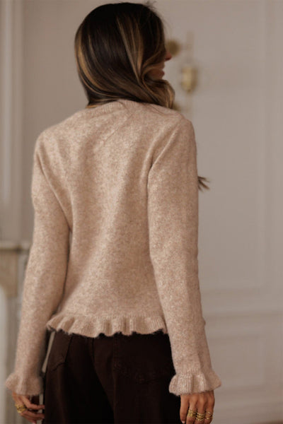 French Beige Ruffle Trim Cardigan with Gold Button Detailing